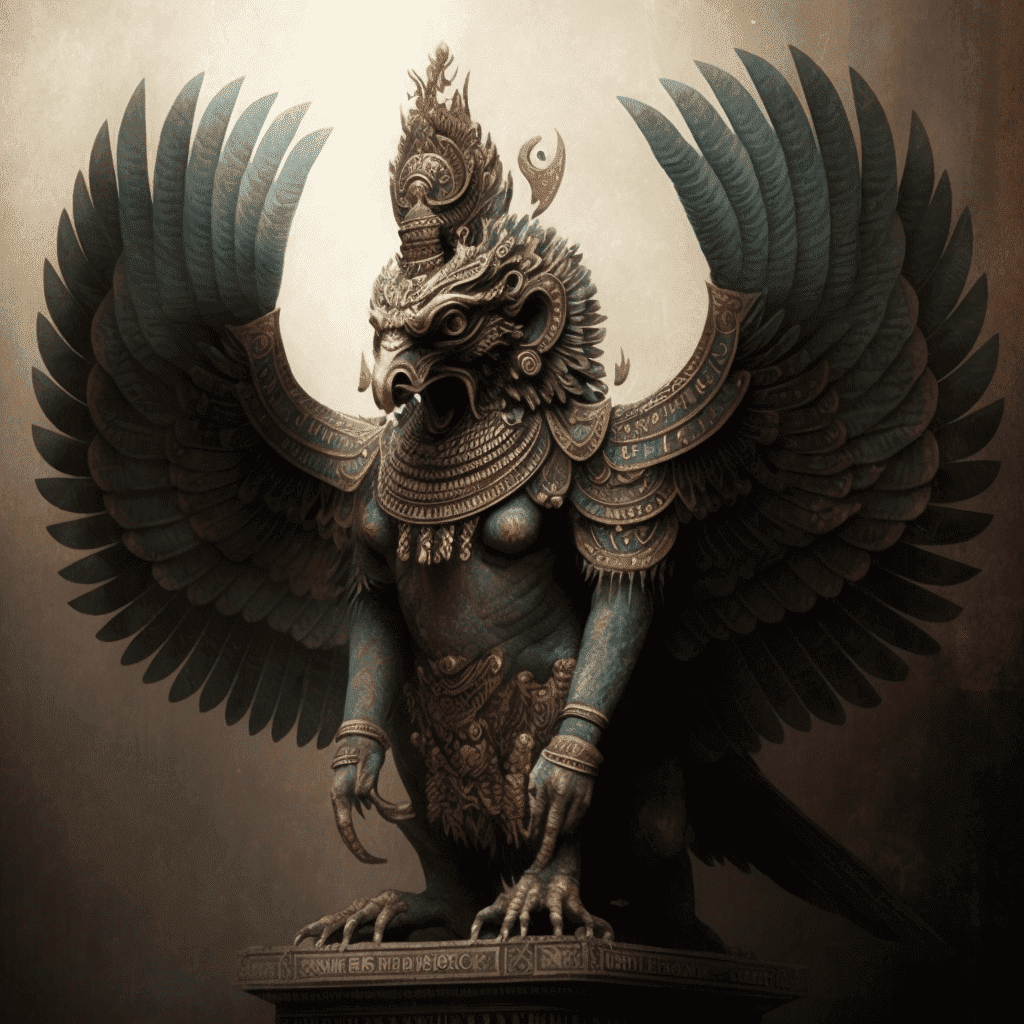Garuda is depicted as a colossal bird with immense wings, Hindu mythology